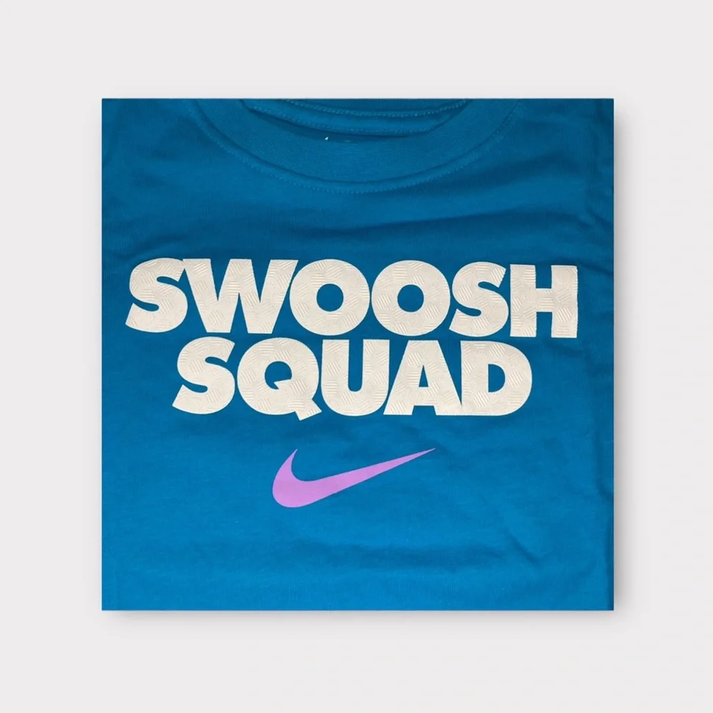 Nike White “Swoosh Squad” Text Blue Top